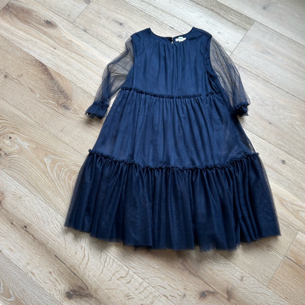 Crewcuts Navy Tulle Tiered Dress with Sheer Sleeves